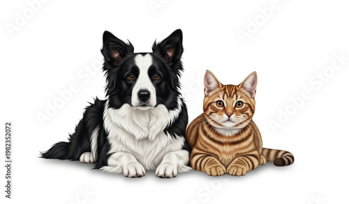 Border Collie dog and tabby cat lying together realistic adorable pets PNG isolated on white