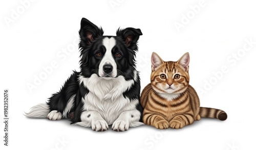 Border Collie dog and tabby cat lying together realistic adorable pets PNG isolated on white
