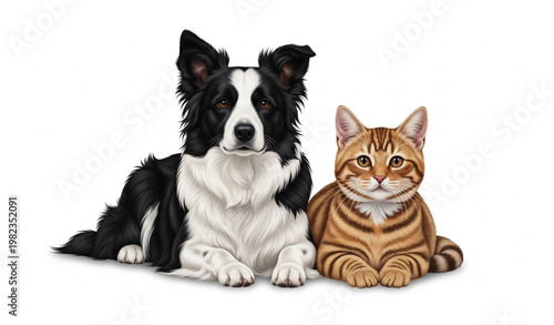 Border Collie dog and tabby cat lying together realistic adorable pets PNG isolated on white