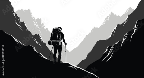 Lone hiker silhouette ascending a mountain path towards bright light