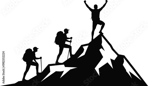 Climbing to success silhouette of people ascending a mountain peak