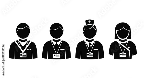 Four flat black icons showing diverse professional people wearing identification badges on white background for corporate design