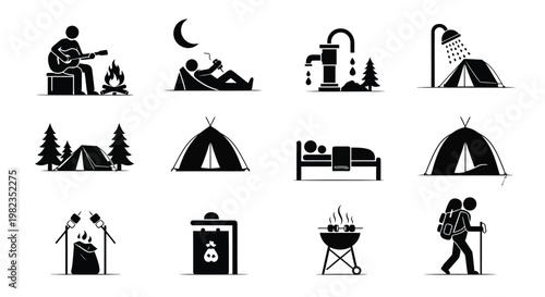 A comprehensive collection of camping and outdoor activity icons depicting various recreational experiences and essential facilities.