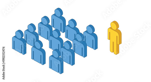 Single yellow figure standing apart from a large group of blue people in a simple conceptual illustration