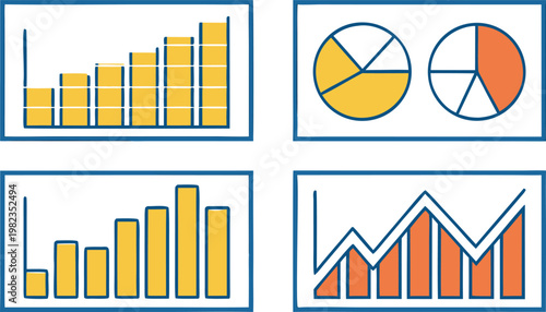 Four panel dashboard with yellow and orange data charts on a white background
