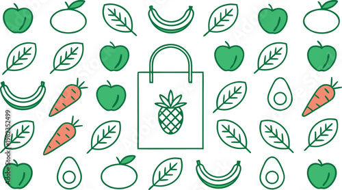 Grocery shopping bag surrounded by a pattern of fresh fruits and vegetables on white
