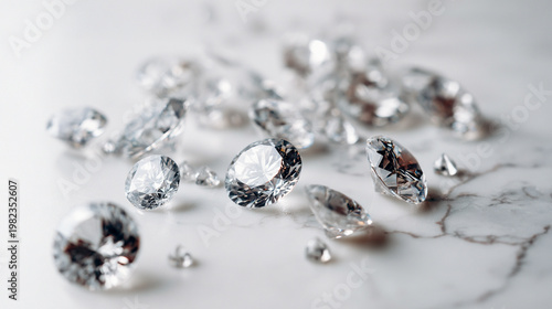 Diamonds on a white marble floor, close-up image 