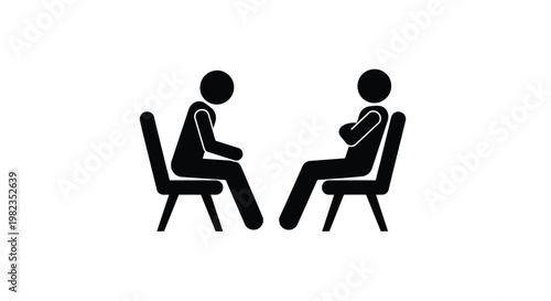 Simple graphic illustration of two people sitting on chairs having a conversation or a meeting.