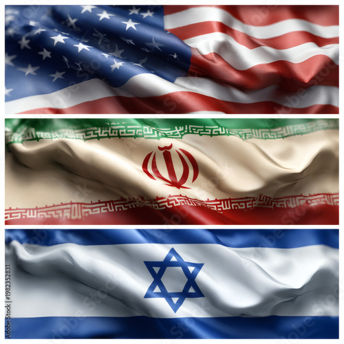 Three Waving Flags of the USA, Israel, and Iran