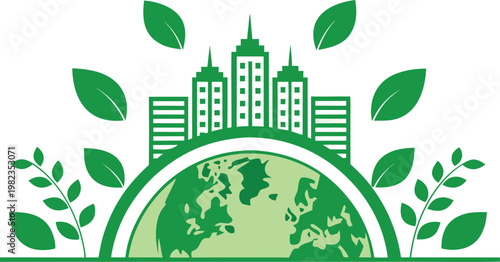 Green eco-friendly city with buildings, globe, and leaves on white background