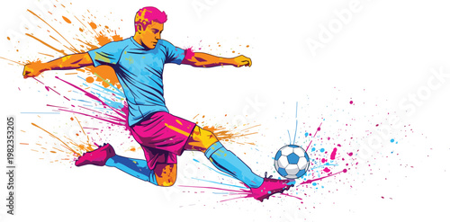Colorful stylized illustration of soccer player kicking ball with vibrant paint splashes, emphasizing motion, speed, energy, and expressive abstract athletic performance