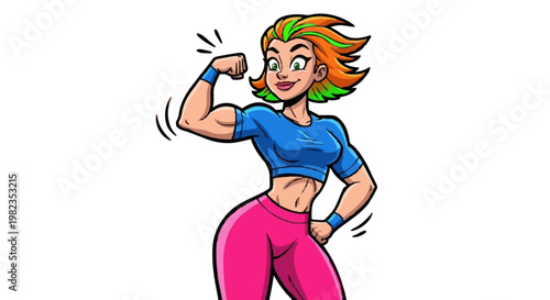 A confident cartoon woman flexing her muscles in a dynamic pose on transparent background