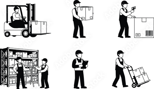 Black-and-white illustration of warehouse logistics activities including forklift operation, manual handling, barcode scanning, inventory check, shelf organization, and hand truck transport