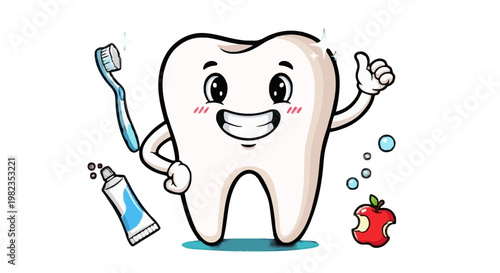 A cheerful cartoon tooth character holding a toothbrush and toothpaste on transparent background