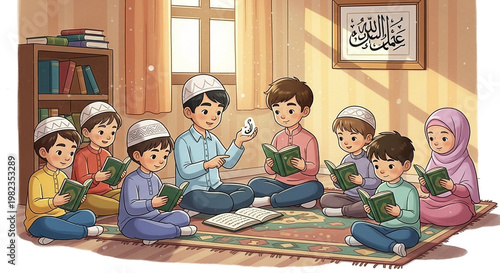 Diverse children in Islamic attire learn together in a bright, cozy room