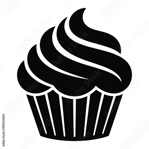 A delectable black cupcake with swirling frosting and a patterned wrapper silhouette