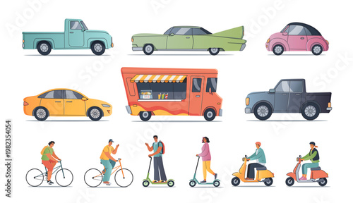 Modern people ride bicycles, scooters and drive cars. Colorful city transport vector cartoon illustration	
