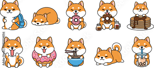 Cute shiba inu dog character set with eating donut noodles pancakes and drinks vector illustration