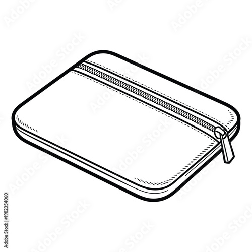A detailed black and white illustration of a closed zippered pouch a functional silhouette