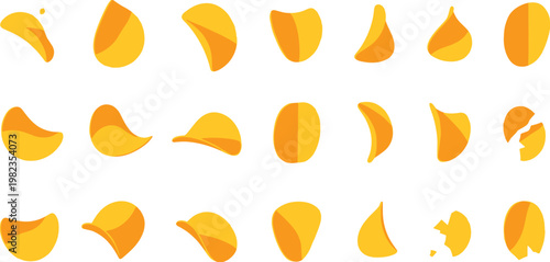 Potato chips collection set with crispy snack pieces isolated vector illustration