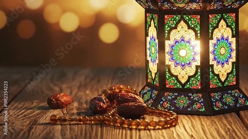 Decorative lantern with dates and prayer beads on wooden surface