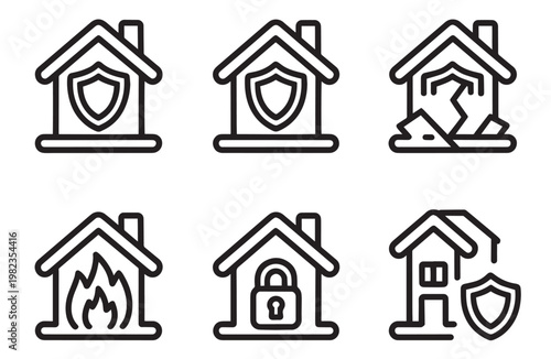 Home insurance and property protection outline icon set for insurance company branding, real estate apps, and security service design projects