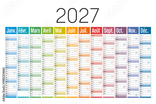 Year 2027 colorful wall calendar on white background, French language, vector template France