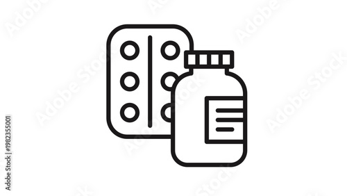 Black line art vector icon illustration of a medicine blister pack with pills and a pharmaceutical bottle with a label, representing healthcare, pharmacy, medical treatment, and drugs.