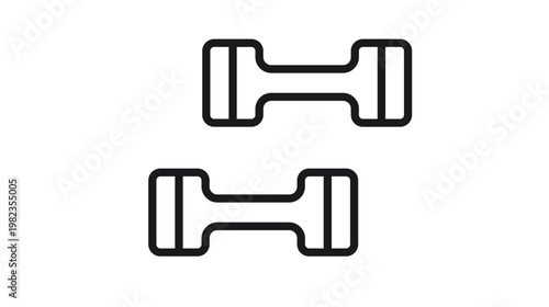 Minimalist black line vector icon illustration of two dumbbells, a symbol for fitness, weightlifting, gym equipment, bodybuilding, strength training, and healthy lifestyle on white background.