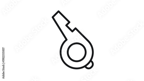 Black line vector icon of a whistle, minimalist sports referee or coach whistle symbol for signal and alert, scalable graphic illustration isolated on white background for web and app design.