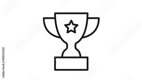 Minimalist black line art vector icon of a trophy cup with a star emblem, representing success, achievement, and winning an award. Clean scalable graphic for business, sports, or education use.