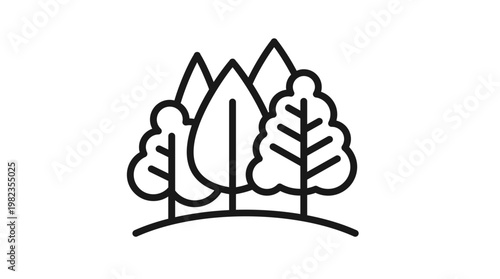 Foto Minimalist black line art vector icon of a forest featuring various stylized trees on a curved ground, representing nature, ecology, and environmental conservation in a clean graphic illustration