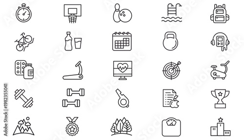 Vector Icon Set of 25 Minimalist Black Line Art Symbols for Fitness, Sports, Healthcare, and Lifestyle. Bundle Includes Gym Equipment, Medical Tools, Nature, Achievement Awards, and Travel Gear Icons.