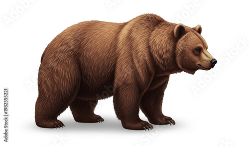 Brown bear side profile realistic wild animal with thick fur PNG isolated on white background