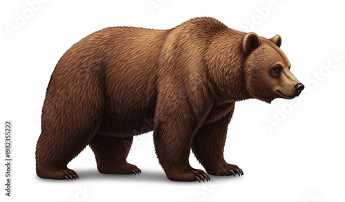 Brown bear side profile realistic wild animal with thick fur PNG isolated on white background