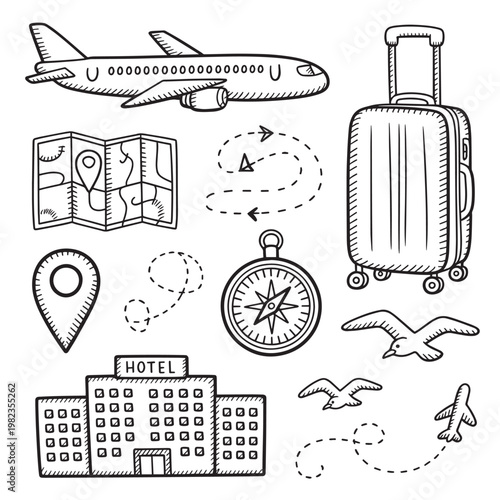 Travel planning and tourism doodle element set for holiday blog content, vacation itinerary design, travel app illustration, and agency branding