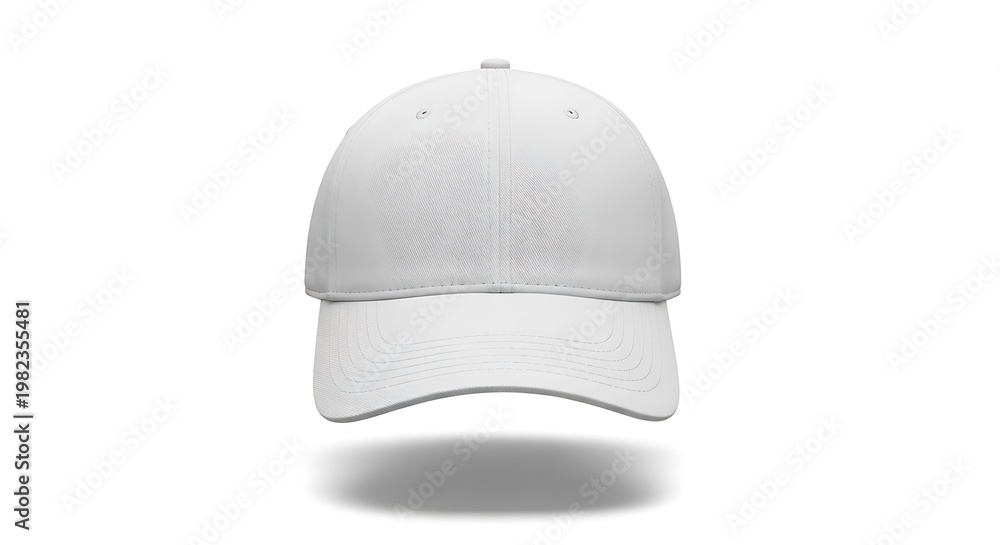 Fototapeta premium A clean, white baseball cap levitates against a plain white background, casting a soft shadow