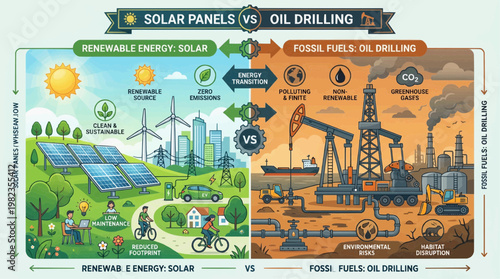 Renewable Energy Showdown: Solar panels versus oil drilling, a detailed comparison. 