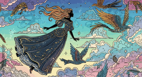 Elegant woman flying through a magical starry sky with fantasy birds and celestial clouds. Dreamy spiritual journey illustration.