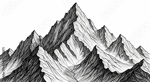Dramatic Hand-Drawn Mountain Range Illustration in Black and White, Majestic Peaks and Rugged Landscape Sketch Art