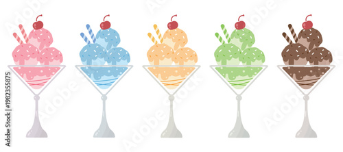 Sweet Summer Treats: Assorted Ice Cream Sundaes Vector illustration set(Strawberry, blueberry, mango, matcha, chocolate)