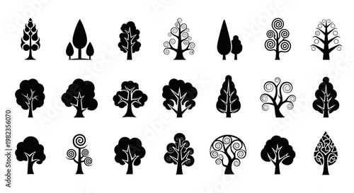 Collection of various tree silhouettes and icons.