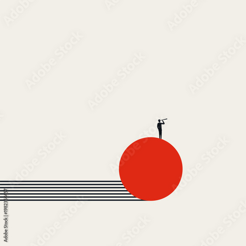 Business vision concept vector illustration. Businessman on rolling red ball searching for growth and direction. Minimal Design, eps10