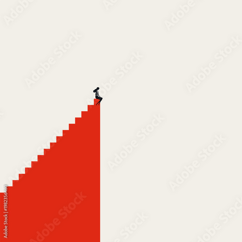 Businesswoman work burnout syndrome depression concept. Female mental health issue at top of corporate stairs. Minimal Illustration Design, eps10