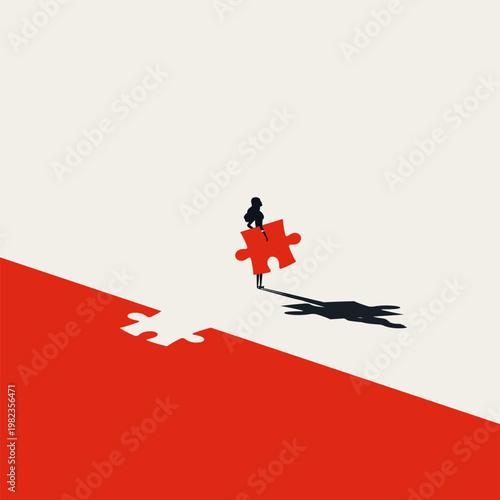 Minimalist vector concept illustration showing self employed entrepreneur businesswoman fitting her own path, holding final puzzle piece symbol for leadership and success. Minimal Design