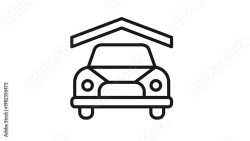 Black line vector icon of a car parked under a roof representing a garage, carport, or covered parking space. Minimalist automotive illustration for vehicle storage and transport concepts.