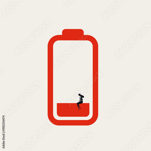 Low Energy Level Red Battery Icon with Tired Businesswoman, Conceptual Minimalist Vector Illustration of Professional Burnout. Minimal Design Concept