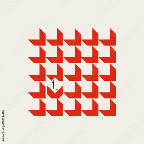 Silhouette of a businesswoman standing on a single upward red arrow against a grid of downward arrows. Minimal vector concept illustration for corporate innovation and market disruption.