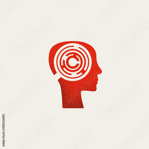 Red human head profile featuring a complex white circular maze inside the brain area. Minimal vector concept illustration for psychological therapy and mental health awareness.