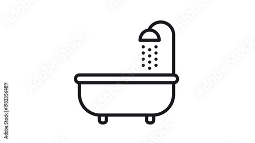 Bathtub with shower head vector icon illustration. Minimalist black line symbol of a bath tub with water droplets for bathroom, hygiene, spa, and relaxation concepts. Scalable graphic design.